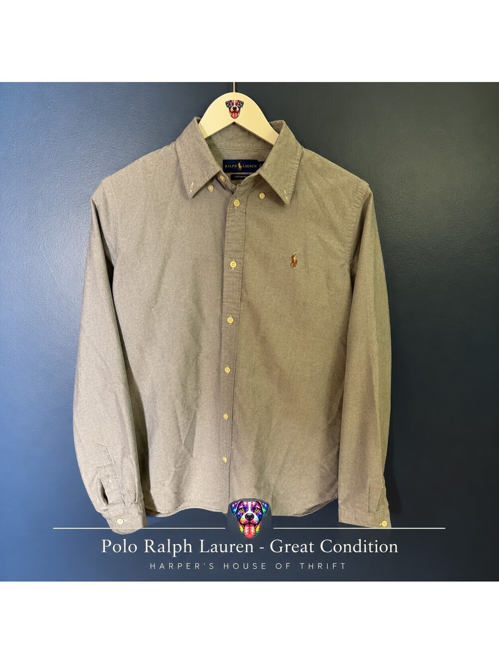 Ralph Lauren Women’s Large Gray Oxford Button Down Shirt Custom Fit Pony Logo